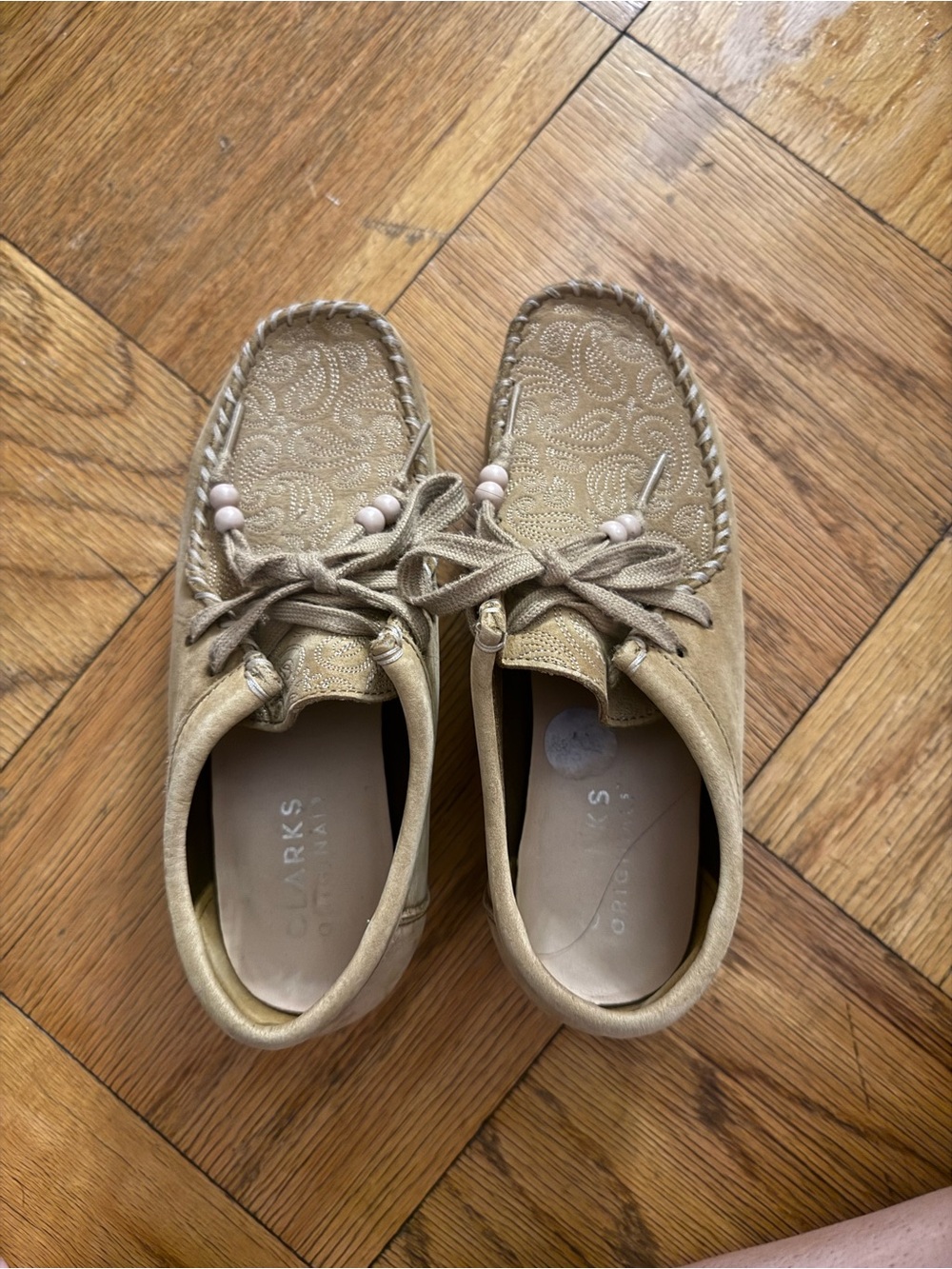Clarks Women’s Beige/Tan Suede Moccasin Loafers with Bead Detail